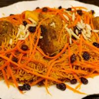 Oabeli Palow · Lamb served underneath seasoned rice, topped with shredded carrots, raisins and almonds.