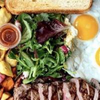 Steak & Eggs · Eight ounces marinated New York steak, miso butter, eggs, toast, breakfast potatoes and salad