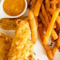 Fish & Chip · battered cod fish on a bed of fried; +$2 substitute to garlic fries