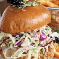 Fried Chicken Sandwich · Home fried chicken, lettuce, tomatoes, red onion, white cheddar cheese, sambal mayo. served ...