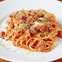 Bucatini · Bucatini noodle, meat sauce (ground beef, pancetta, ground Italian sausage, onion, garlic, a...