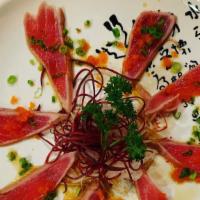 #23. Tuna Tataki · Seared tuna with ponzu sauce and green onion.