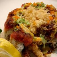 Triple S · Shrimp tempura, softshell crab, spicy tuna topped with unagi, spicy tuna, crunch and fish eg...
