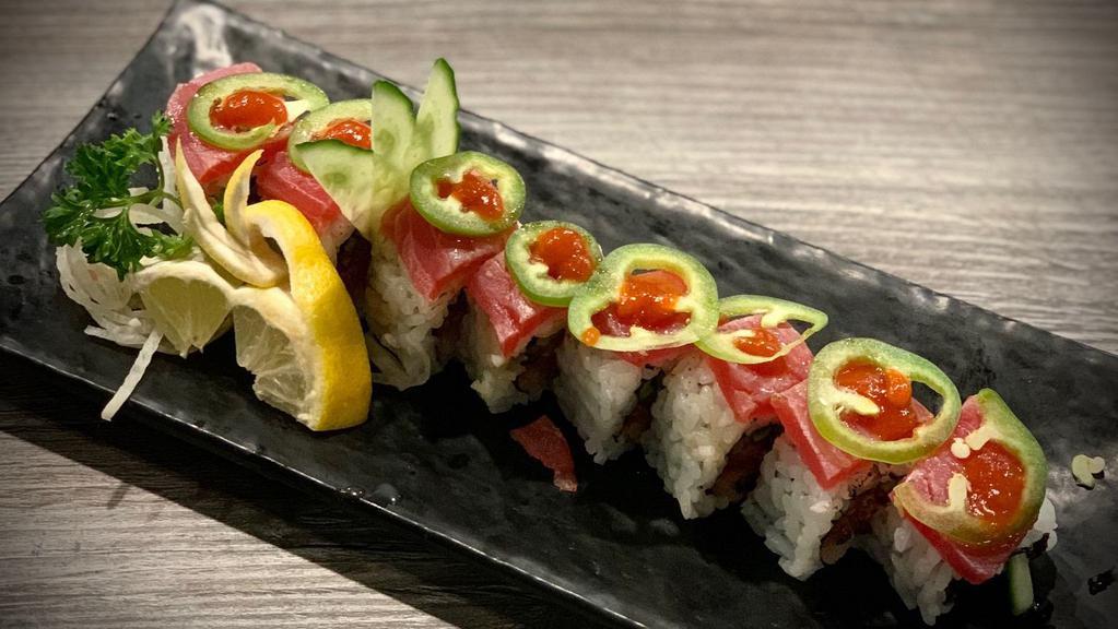 Make it hot · Spicy tuna, cucumber topped with seared tuna and jalapeno. Sauce:  Ponzu, sesame oil, hot sauce