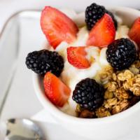 Granola & Yogurt · Non-fat greek yogurt, organic gf granola, strawberries, clover honey.