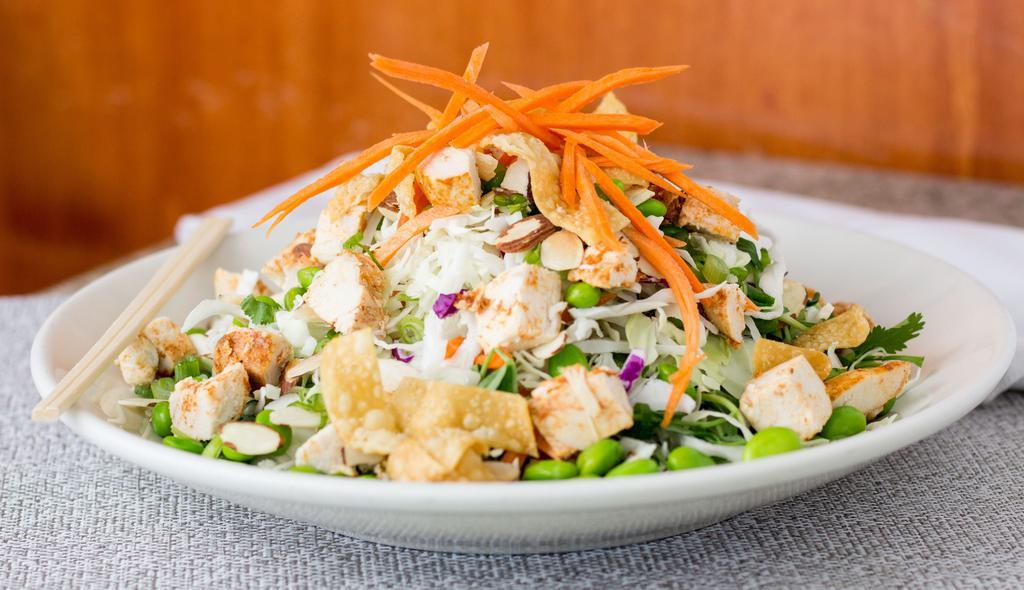 Chicken Cabbage Salad · Oven-roasted chicken breast, cabbage mix, cilantro, carrot, organic peas, scallions, toasted almonds, crispy wontons, thai basil dressing (pescatarian dressing).

Salad cannot be made without cilantro