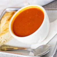 Tomato Basil Soup Cup · Vegetarian. Served hot with half baguette.