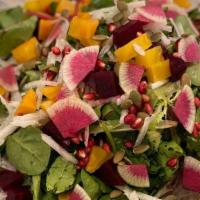 Roasted Beets Salad · Roasted Beets with Mixed Greens, Pumpkin Seeds, Jicama, Watermelon Radishes, Goat Cheese, an...