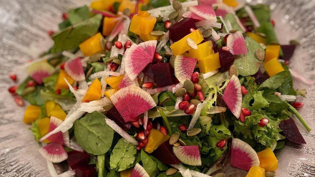 Roasted Beets Salad · Roasted Beets with Mixed Greens, Pumpkin Seeds, Jicama, Watermelon Radishes, Goat Cheese, and Citrus Vinaigrette