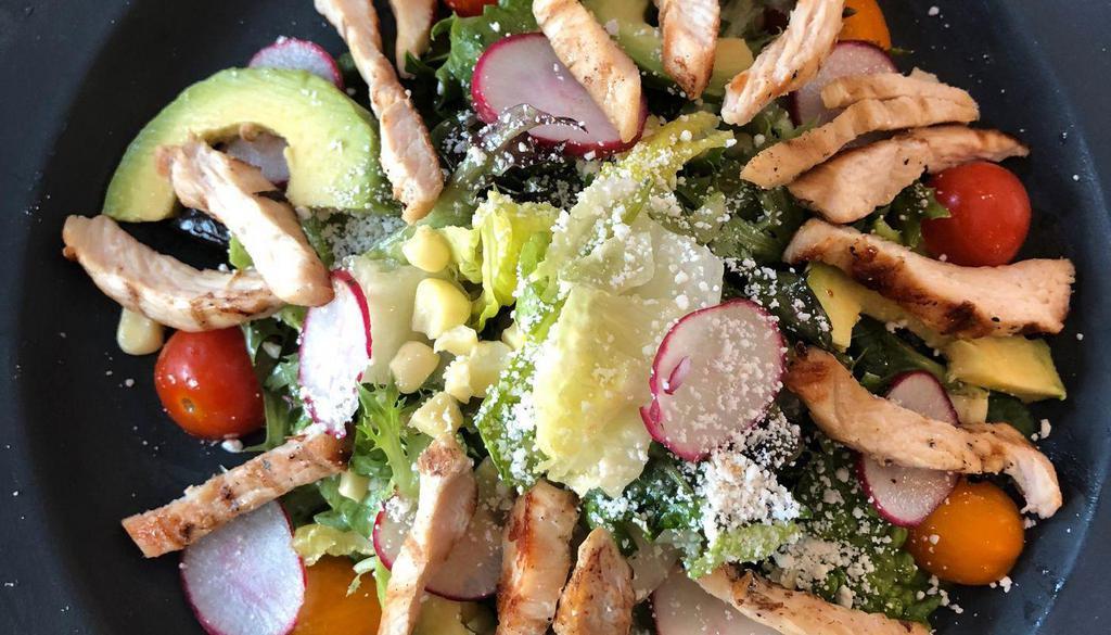 House Chicken Salad · Grilled Chicken with Mixed Greens, Avocado, Cucumbers, Tomatoes, Bacon, and House Vinaigrette