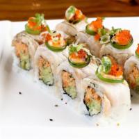 Papa San · Spicy crab,  avocado, kaiware topped with seared red snapper, jalapeño rings & aioli, ponzu,...