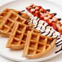 Combo 4 · Your Choice of Mochi Waffle with fresh strawberry , Whipped Cream & Chocolate syrup. All top...