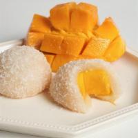Z19. Mango Daifuku 2pcs (Vegan) · Sweet Rice Flour, Fresh Cut Mango Chunk, Coconut Flakes