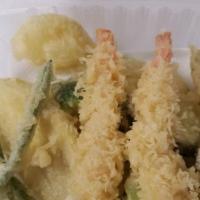 Tempura Appetizer · Battered and deep-fried: two shrimp, green bean, sweet potato, broccoli, zucchini and shiita...