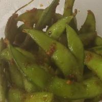 Garlic Edamame Appetizer · Sauteed soybeans in the pod with garlic and soy sauce.