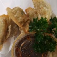 Vegetable Gyoza Appetizer · Deep-fried vegetable pot stickers served with sweet and sour soy sauce