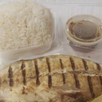 Saba Shioyaki Bento · Grilled mackerel, lightly salted, served with ponzu sauce.
