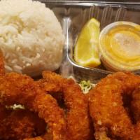 Crispy Shrimp Bento · Breaded and deep fried shrimp served with Japanese butter mayo sauce.