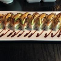 Aki Power Roll · In: shrimp tempura, cucumber; top: crab, spicy tuna, fried unagi, avocado.