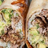 Carnitas Burrito · Flour tortilla, crispy melted cheese, traditionally braised pork, herb lime rice, and guacam...