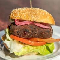 Black Bean Burger · House black bean patty with butter lettuce, tomato, pickled red onion + jalapeño ranch.