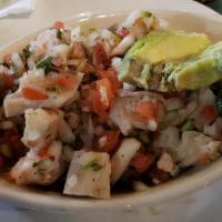 Ceviche · The best you will ever eat! A blend of white fish and shrimp marinated in lime juice mixed w...
