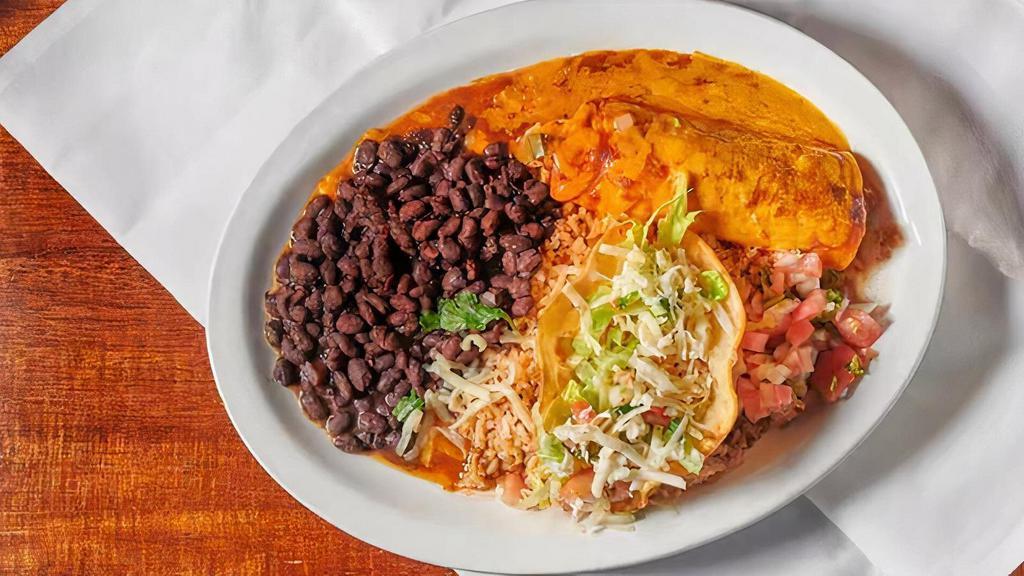TWO Item Combination · Your choice of any TWO of the listed items. Tacos are soft. All meals come with rice and charro beans except for the seafood which is served with black beans.