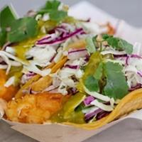 Baja Fish Tacos · Fresh mahi mahi*, beer-battered & fried crisp, served in soft, organic corn tortillas with M...