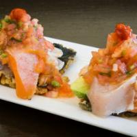 Fish Tacos (2) · Seared albacore, salmon, avocado, homemade salsa on fried nori.