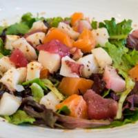 Seafood Salad · Assorted fish, mix green, garlic dressing, olives oil.