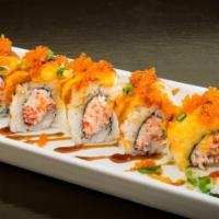 Lion King · Crab meat, avocado, baked sake on top with spicy mayo unagi sauce, green onion and tobiko.