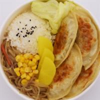 M Cup · Deep fried meat and veggie Korean dumplings with rice, lettuce, and glass noodles (japchae -...