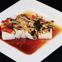 A-7. Soft Tofu & Assorted Mushrooms · Silken tofu slices topped with sautéed assorted mushrooms with special sauce.
