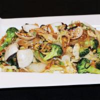 Seafood Chapchae · Clear noodles stir fried with mixed seafood and vegetables.