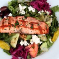 Salmon Salad · Traditional Greek salad with grilled wild salmon, marinated with herb, Mediterranean dressin...