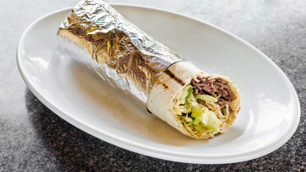Lamb & Beef Gyro Wrap · Slow-cooked sliced marinated lamb and beef. Served in lavash bread, with lettuce, tomato, onion, and tzatziki sauce.