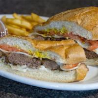 Mediterranean Burger · Ground sirloin with fresh herbs, lettuce, tomato, onion, provolone, mayo, and mustard. Serve...