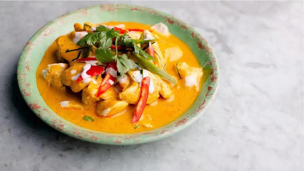 Red Pumpkin Curry · Kabocha pumpkin, red bell pepper, green beans simmered in red curry paste and coconut milk.