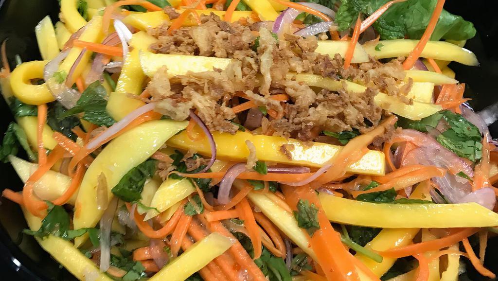 11. Mango Salad · Carrot, red onion, fresh herbs, crispy shallot, peanuts.