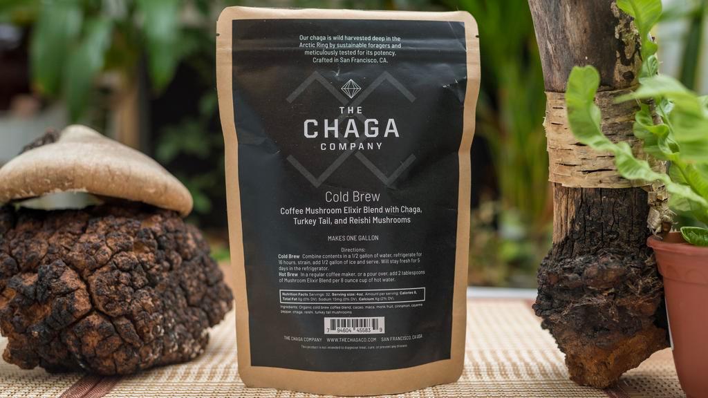The Chaga Company Cold Brew Coffee Kit-Coffee · 80% coffee, 20% herbal/mushroom mixture of the 20%:  50% cacao 15% Chaga, 10% monk fruit, mixed with reishi, turkey tail, maca, cayenne, and cinnamon. 400mg of caffeine. This recipe is from Barbara Liu, performance artist, her elixir of life – keeps her looking young. Part of a holistic system, connects her to the Earth, the sources of life and energy that have nourished humans since we were born. Use it as a pre-workout shot, mix it with water for Chaga coffee or mix with milk or milk alternative for a Chaga mocha.
