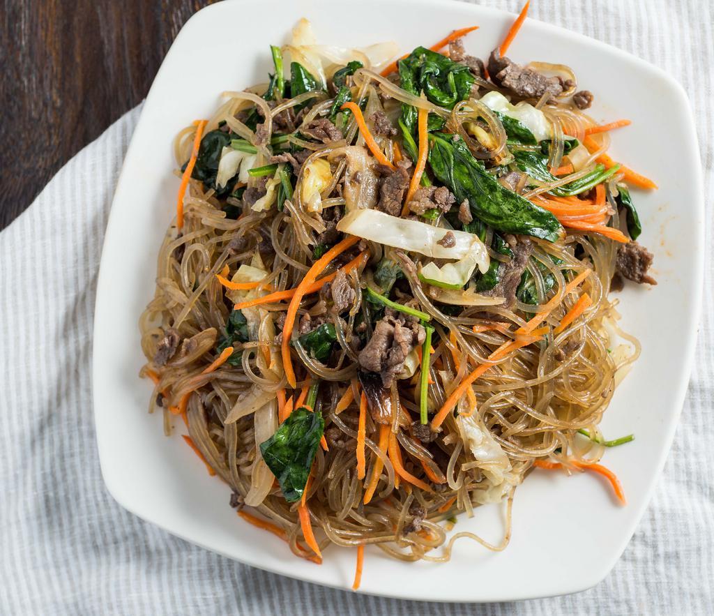 10. Chap Chae · Stir-fried glass noodles with beef and vegetable. May substitute with chicken or tofu.