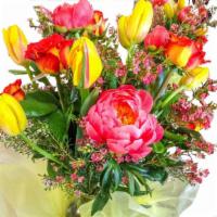 Coral Mix · French tulips, peonies, roses and wax.