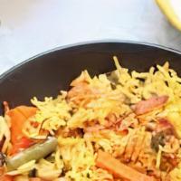 Vegetable Biryani Rice · Vegan. Gluten-free. Basmati rice, tomatoes, potatoes, bell peppers, peas, carrots, ginger, g...