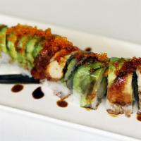 Dragon · Shrimp tempura, cucumber with unagi, avocado, tobiko and eel sauce on top.