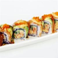Sakura Roll · Spicy crabmeat, cucumber with salmon, avocado, tobiko, eel sauce and spicy mayo on top.