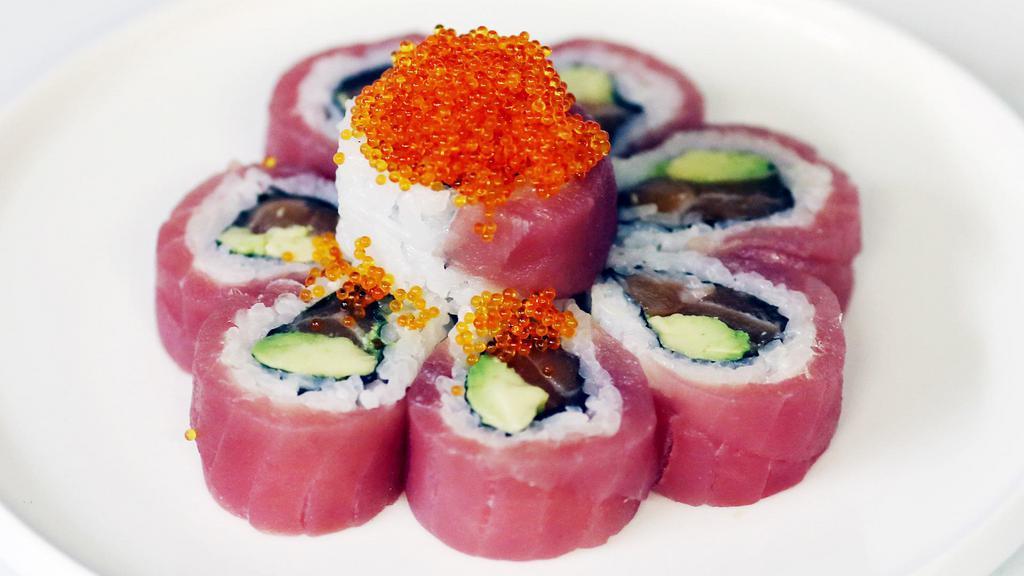 Cherry Blossom · Salmon, avocado with tuna and tobiko on the outside.