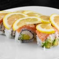 Lion King · California roll baked with salmon and sauce, topped with tobiko and unagi sauce.