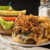 Senor Smoke Burger · Our tg burger, Cajun-style, with pepper jack cheese, grilled jalapenos, Cajun onion strings ...