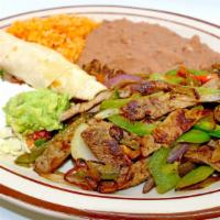 Fajitas Meat · Allergens dairy. Choice of charbroiled meat sautéed with bell peppers & onions, served with ...