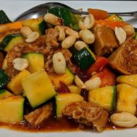 E28. Kung Pao VG Chicken · Hot and spicy. Soy bean-chicken with bell peppers, water chestnuts, zucchini and peanuts sau...